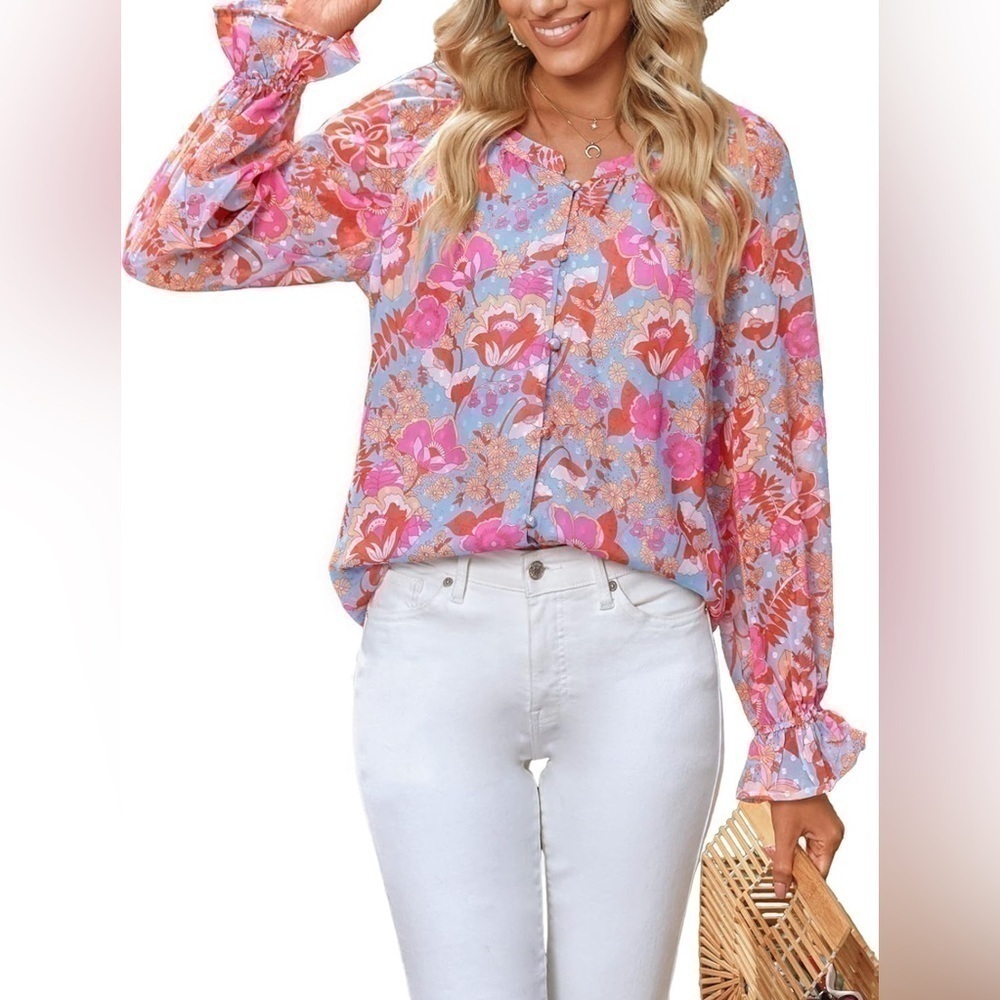 Dressy Casual Button Down Blouse Floral Peasant Tops Lantern Ruffle Long Sleeve